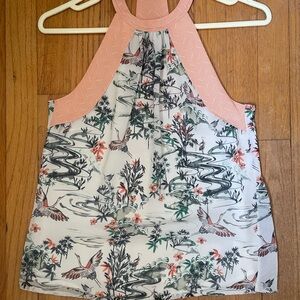 H&M White Floral Crane Halter Top with Coral Trim